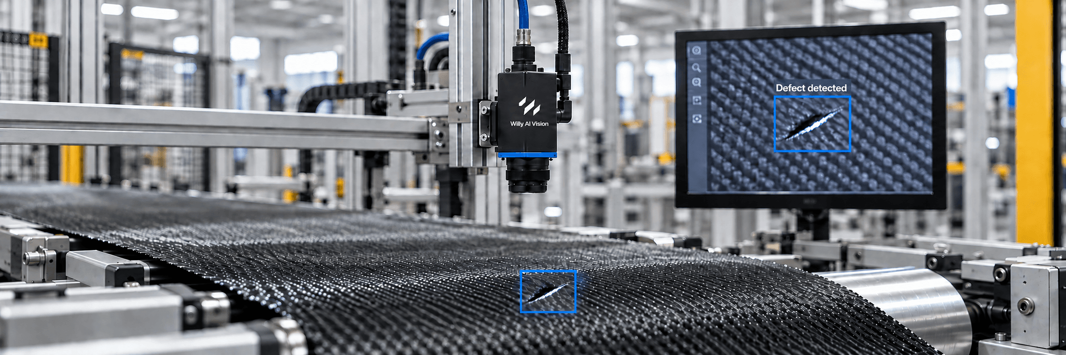Industrial vision system inspecting a composite material and flagging an anomaly