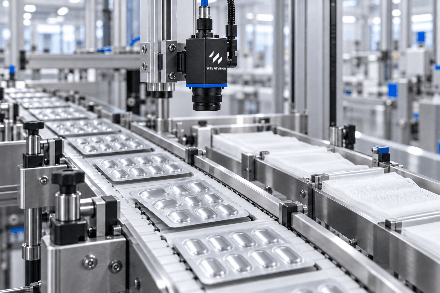 Vision system checking blister packs and medical materials on an automated line