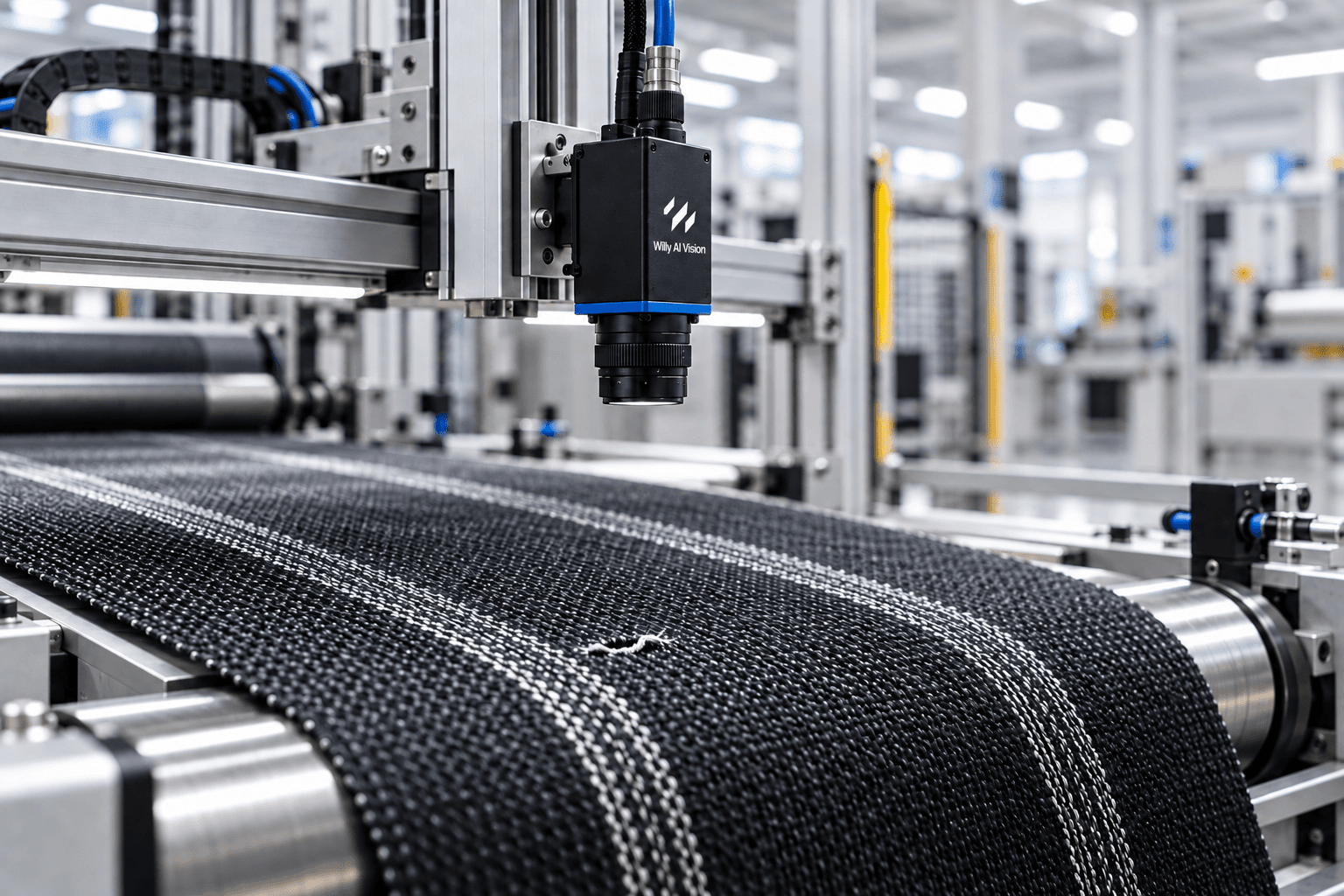 Vision system inspecting a moving technical fabric